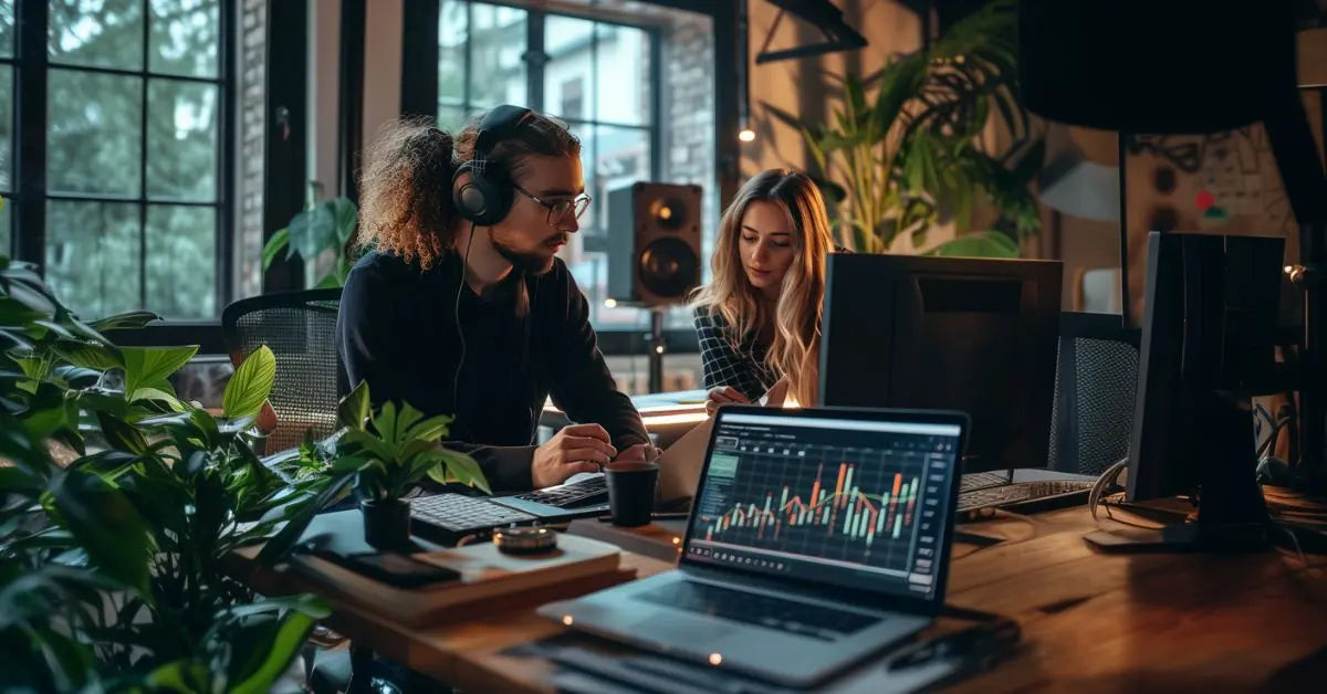 Two people in the office reviewing music analytics